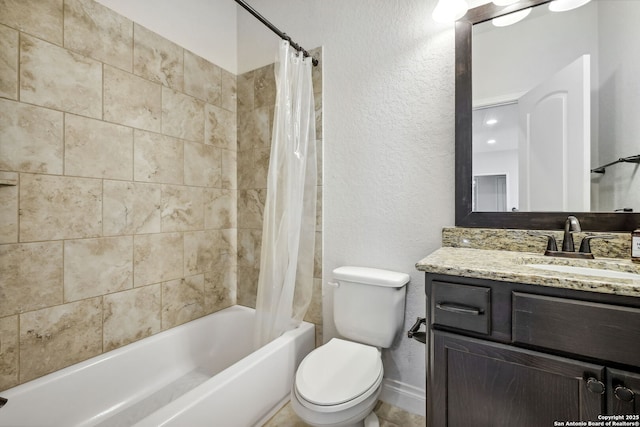 14042 Gemma, San Antonio, TX 78253 - bathroom with vanity, shower / tub combo, toilet, a textured wall, and baseboards