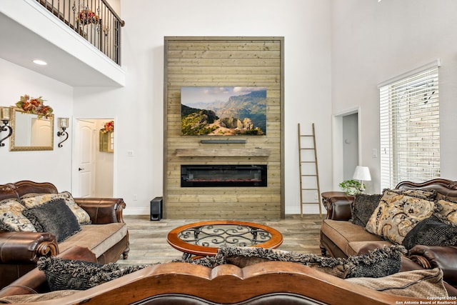 14042 Gemma, San Antonio, TX 78253 - living area with a high ceiling, wood finished floors, a large fireplace, and baseboards