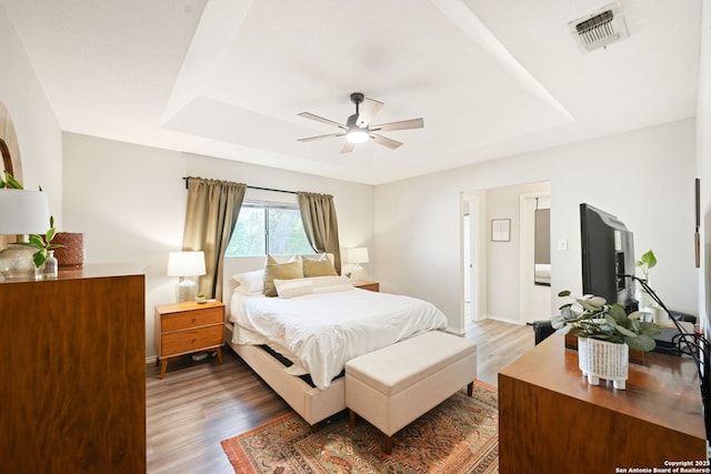5535 Timber Cyn, San Antonio, TX 78250 - bedroom featuring a tray ceiling, wood finished floors, baseboards, and a ceiling fan