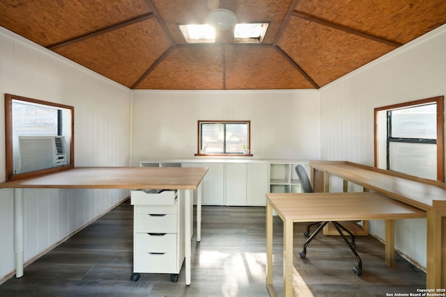 5535 Timber Cyn, San Antonio, TX 78250 - unfurnished office with vaulted ceiling, healthy amount of natural light, wood ceiling, dark wood-style floors, and cooling unit