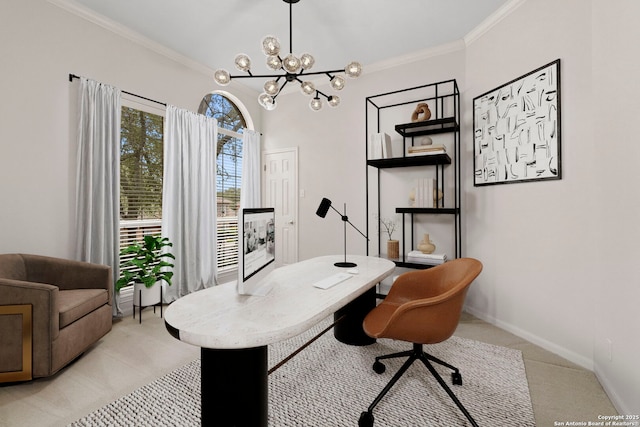 15618 Dawn Crst, San Antonio, TX 78248 - home office with light carpet, a chandelier, crown molding, and baseboards