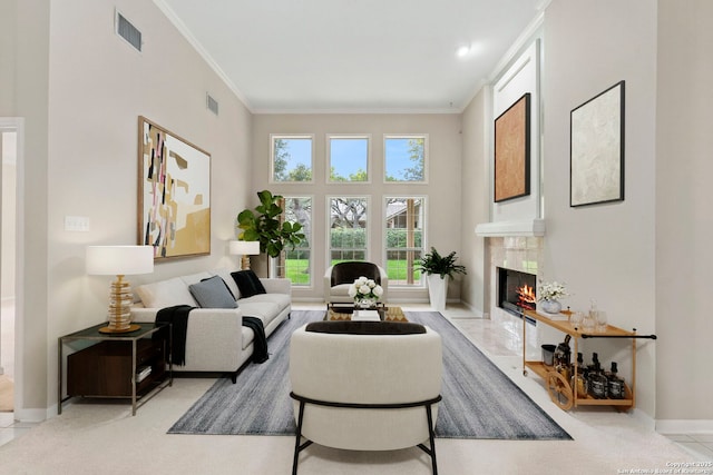15618 Dawn Crst, San Antonio, TX 78248 - carpeted living room with a fireplace, ornamental molding, and baseboards
