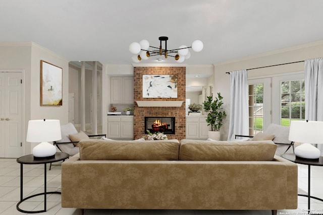 15618 Dawn Crst, San Antonio, TX 78248 - living room with light tile patterned floors, crown molding, a chandelier, and a brick fireplace