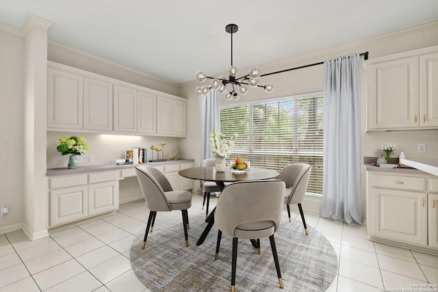 15618 Dawn Crst, San Antonio, TX 78248 - dining area with a chandelier, ornamental molding, light tile patterned flooring, built in desk, and baseboards