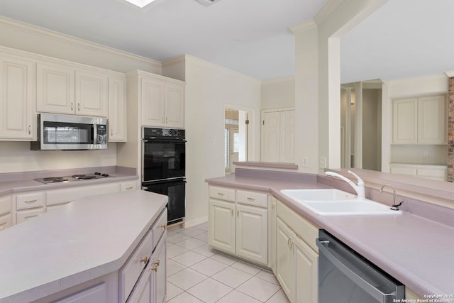 15618 Dawn Crst, San Antonio, TX 78248 - kitchen featuring stainless steel appliances, a sink, light tile patterned floors, light countertops, and crown molding