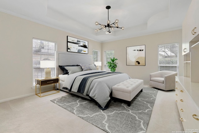 15618 Dawn Crst, San Antonio, TX 78248 - carpeted bedroom featuring a tray ceiling, a chandelier, crown molding, and baseboards