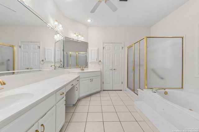 15618 Dawn Crst, San Antonio, TX 78248 - full bath featuring double vanity, a stall shower, tile patterned flooring, a garden tub, and ceiling fan