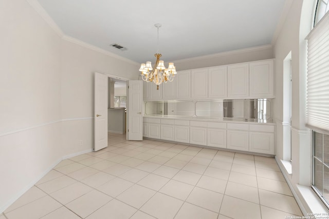 15618 Dawn Crst, San Antonio, TX 78248 - unfurnished dining area with a chandelier, crown molding, baseboards, and light tile patterned flooring