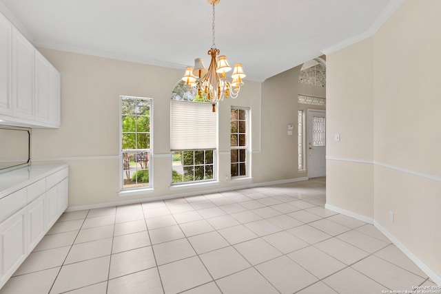 15618 Dawn Crst, San Antonio, TX 78248 - unfurnished dining area with ornamental molding, a chandelier, baseboards, and light tile patterned flooring