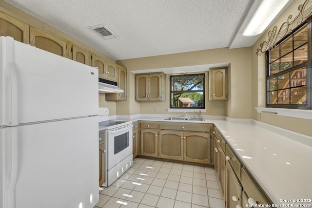 642 Lakebreeze, Canyon Lake, TX 78133 - kitchen featuring white appliances, under cabinet range hood, light tile patterned floors, a textured ceiling, and light countertops