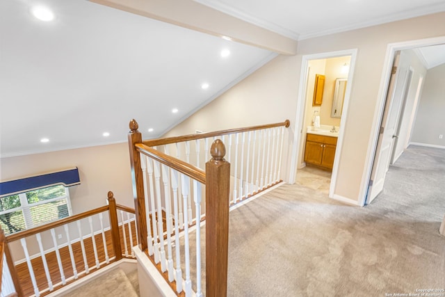 890 Live Oak, Spring Branch, TX 78070 - hall with an upstairs landing, recessed lighting, light carpet, crown molding, and lofted ceiling