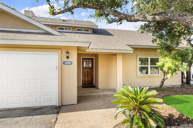 890 Live Oak, Spring Branch, TX 78070 - view of exterior entry with roof with shingles, stucco siding, and driveway