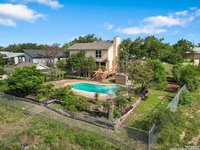 890 Live Oak, Spring Branch, TX 78070 - view of pool featuring a fenced backyard, stairs, a pergola, and a deck