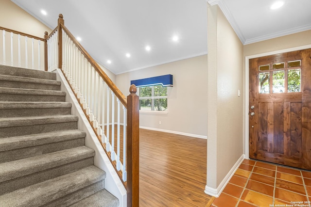 890 Live Oak, Spring Branch, TX 78070 - foyer entrance featuring stairway, crown molding, recessed lighting, and baseboards