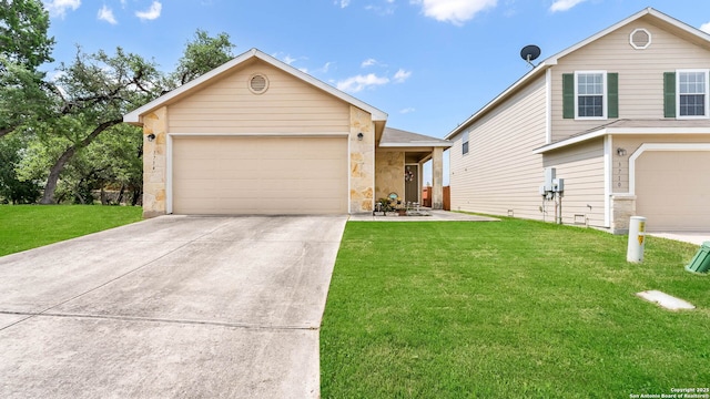 3714 Hideaway Grn, San Antonio, TX 78261 - view of front of home featuring stone siding, driveway, a front lawn, and a garage