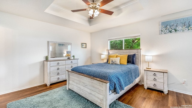 3714 Hideaway Grn, San Antonio, TX 78261 - bedroom featuring a tray ceiling, crown molding, wood finished floors, baseboards, and a ceiling fan