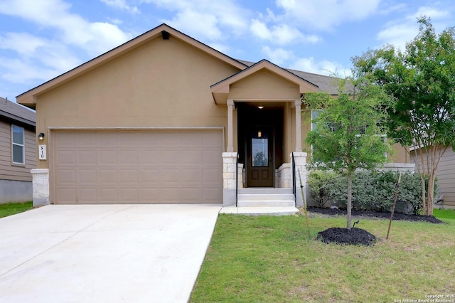 810 Brown Thrasher, San Antonio, TX 78253 - ranch-style house with a front yard, a garage, concrete driveway, and stucco siding