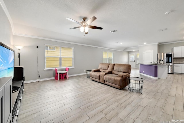 810 Brown Thrasher, San Antonio, TX 78253 - living room featuring a ceiling fan, ornamental molding, light wood-style flooring, recessed lighting, and a textured ceiling