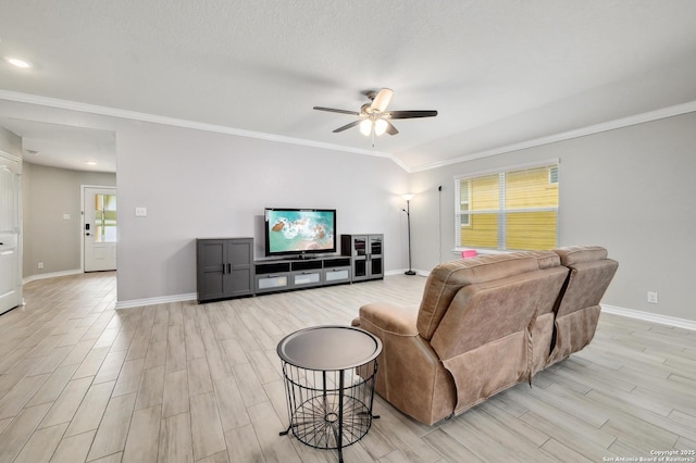 810 Brown Thrasher, San Antonio, TX 78253 - living room with ceiling fan, crown molding, baseboards, and light wood finished floors