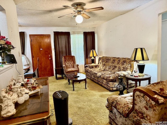 9010 Bowline, San Antonio, TX 78242 - carpeted living area with ceiling fan and a textured ceiling