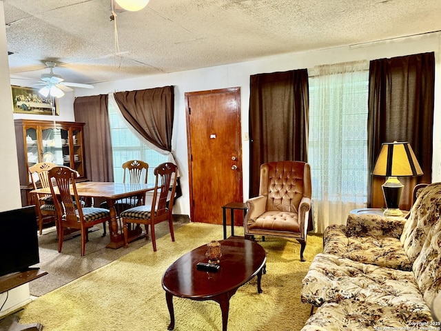 9010 Bowline, San Antonio, TX 78242 - carpeted living area with ceiling fan and a textured ceiling