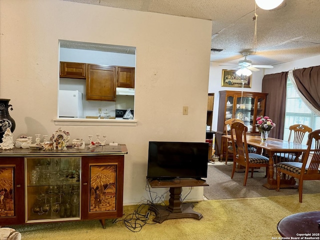 9010 Bowline, San Antonio, TX 78242 - carpeted dining space with a ceiling fan and a textured ceiling