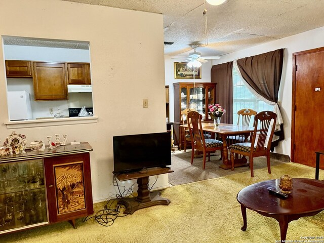 9010 Bowline, San Antonio, TX 78242 - carpeted dining room with a ceiling fan and a textured ceiling