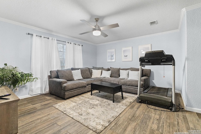 13040 Tomlynn, Atascosa, TX 78002 - living area with wood finished floors, ceiling fan, ornamental molding, baseboards, and a textured ceiling