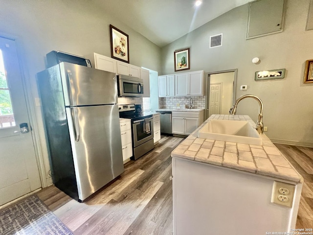 415 Fort Clark Rd Unit 21, Brackettville, TX 78832 - kitchen featuring stainless steel appliances, a sink, high vaulted ceiling, white cabinets, and decorative backsplash