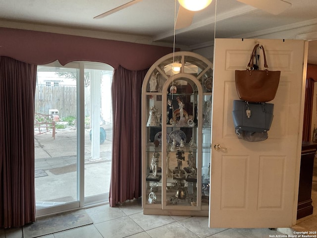 2918 Hatton, San Antonio, TX 78237 - unfurnished dining area with light tile patterned floors and ceiling fan