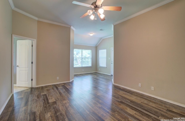 27123 Trinity Woods, San Antonio, TX 78261 - unfurnished room with ornamental molding, dark wood-style floors, baseboards, a ceiling fan, and vaulted ceiling