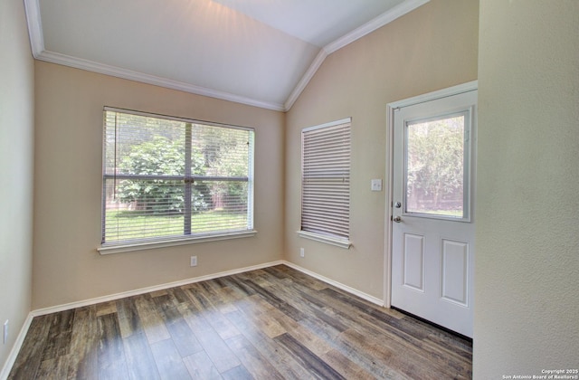 27123 Trinity Woods, San Antonio, TX 78261 - doorway featuring ornamental molding, vaulted ceiling, wood finished floors, and baseboards