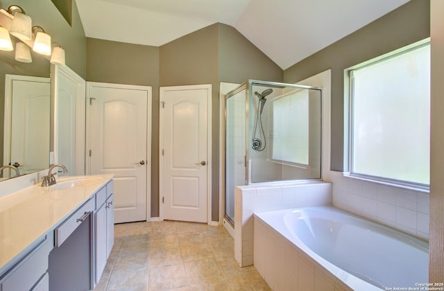 27123 Trinity Woods, San Antonio, TX 78261 - full bath with a stall shower, vanity, a bath, and lofted ceiling