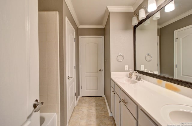 27123 Trinity Woods, San Antonio, TX 78261 - bathroom featuring double vanity, ornamental molding, and shower / bathtub combination