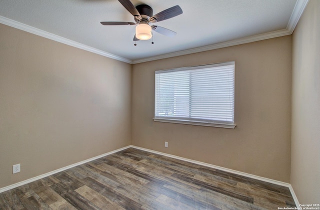27123 Trinity Woods, San Antonio, TX 78261 - empty room with wood finished floors, a ceiling fan, baseboards, and crown molding