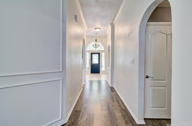 27123 Trinity Woods, San Antonio, TX 78261 - hall featuring arched walkways, crown molding, dark wood-type flooring, and baseboards