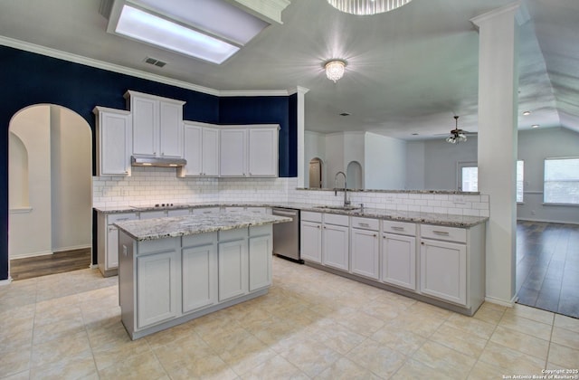 27123 Trinity Woods, San Antonio, TX 78261 - kitchen featuring stainless steel dishwasher, a sink, decorative backsplash, a ceiling fan, and under cabinet range hood