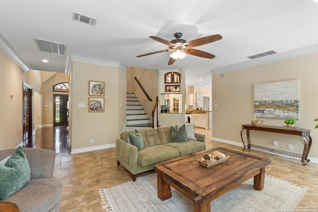 18203 Newcliff, San Antonio, TX 78259 - living room with ornamental molding, stairway, a ceiling fan, recessed lighting, and baseboards