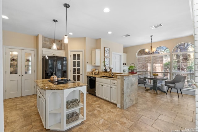 18203 Newcliff, San Antonio, TX 78259 - kitchen with black appliances, a sink, a peninsula, open shelves, and white cabinets