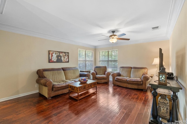 18203 Newcliff, San Antonio, TX 78259 - living room with crown molding, a ceiling fan, dark wood-type flooring, and baseboards
