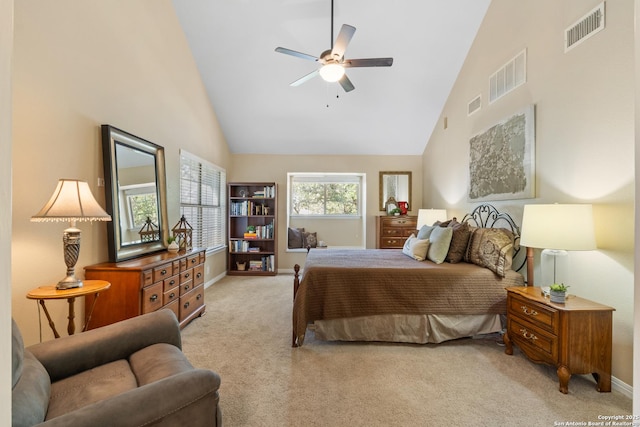 18203 Newcliff, San Antonio, TX 78259 - carpeted bedroom featuring high vaulted ceiling, baseboards, and ceiling fan