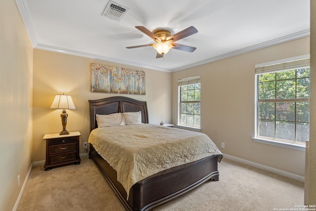18203 Newcliff, San Antonio, TX 78259 - bedroom with light carpet, ornamental molding, baseboards, and a ceiling fan