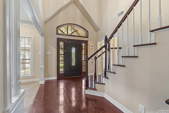 18203 Newcliff, San Antonio, TX 78259 - entryway with stairway, high vaulted ceiling, wood finished floors, baseboards, and decorative columns