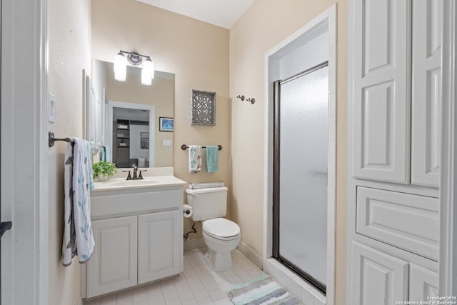 18203 Newcliff, San Antonio, TX 78259 - full bathroom with a stall shower, vanity, toilet, and tile patterned flooring