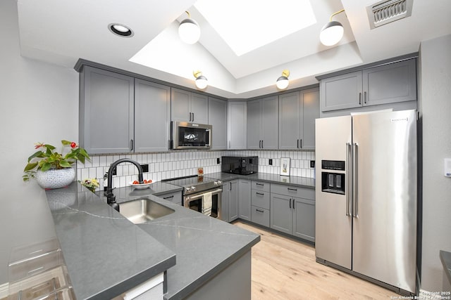 3470 River Path, San Antonio, TX 78230 - kitchen with stainless steel appliances, a sink, gray cabinetry, and a peninsula
