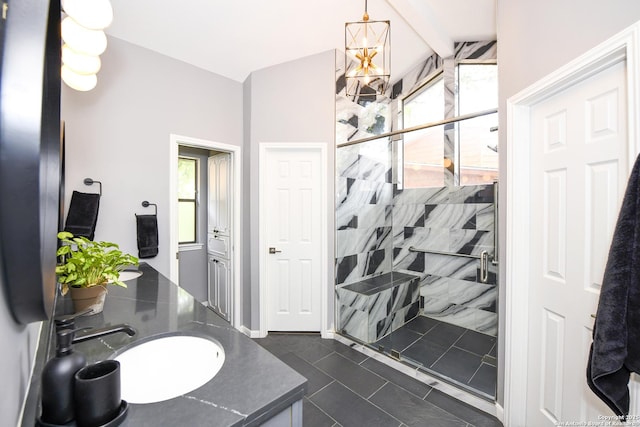 3470 River Path, San Antonio, TX 78230 - bathroom with a shower stall, vanity, a chandelier, and tile patterned flooring