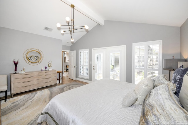 3470 River Path, San Antonio, TX 78230 - bedroom featuring a chandelier, beamed ceiling, light wood-style flooring, and high vaulted ceiling