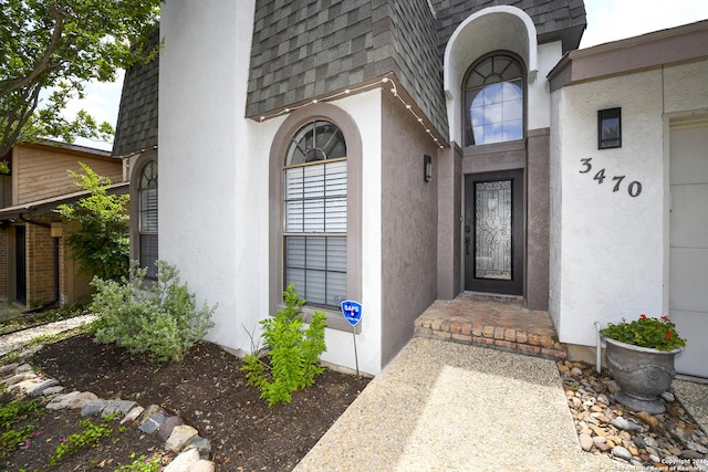 3470 River Path, San Antonio, TX 78230 - property entrance featuring stucco siding and a shingled roof