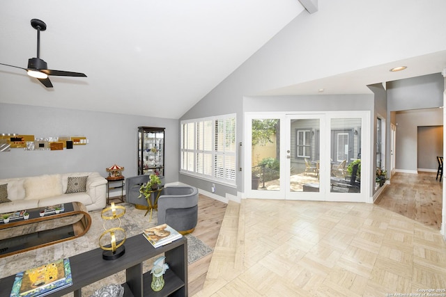 3470 River Path, San Antonio, TX 78230 - living area featuring baseboards, a ceiling fan, high vaulted ceiling, french doors, and recessed lighting