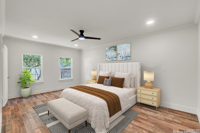 339 Thorain Blvd, San Antonio, TX 78212 - bedroom with crown molding, light wood-type flooring, baseboards, recessed lighting, and a ceiling fan